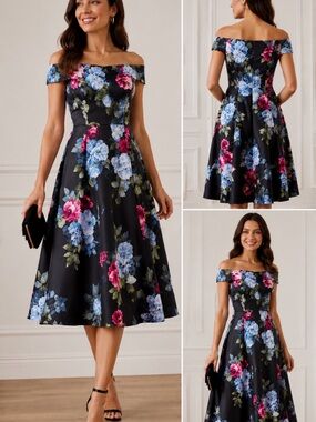 NWT Donna Ricco New York Floral Fit Flare A-Line Dress Black Pink Blue Size 10